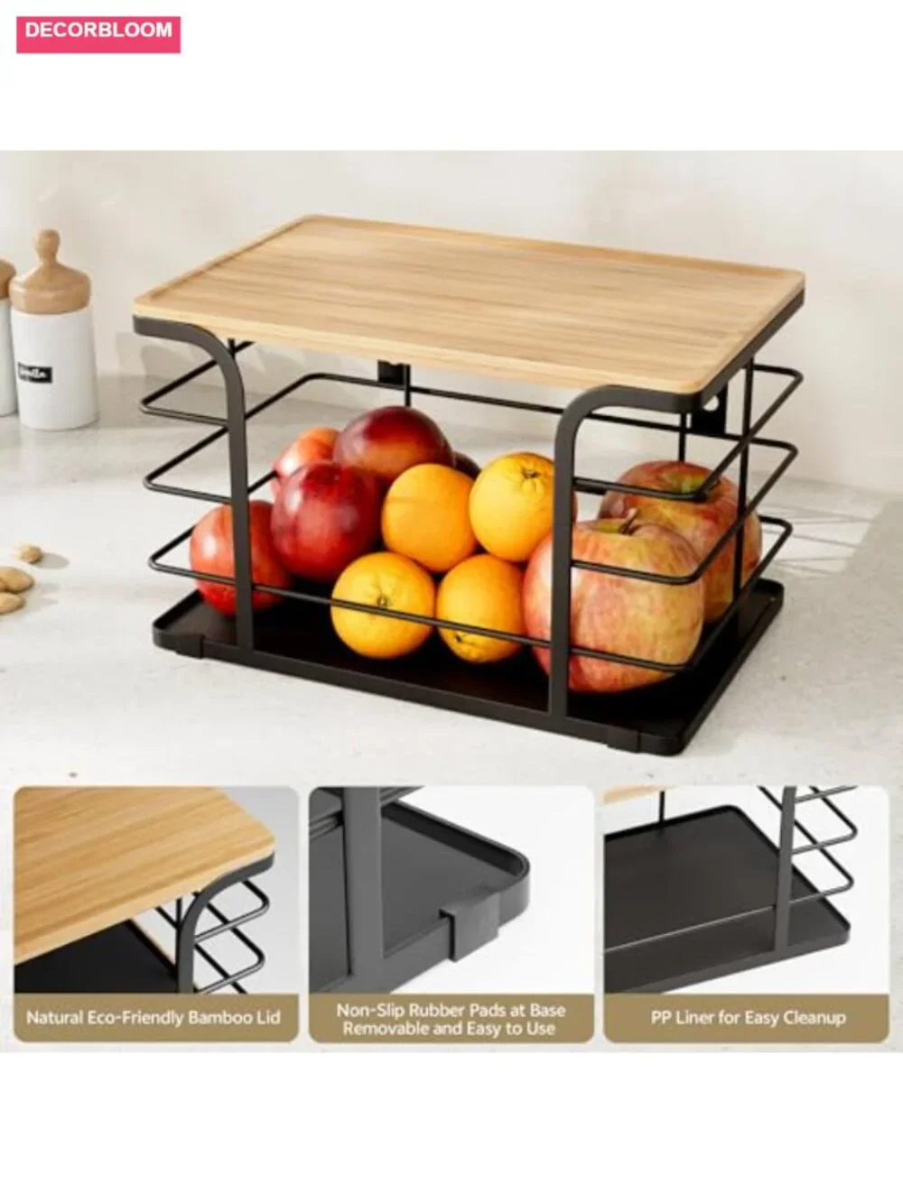 2 Pack Stackable Pantry Organizer Bamboo Stainless Steel Kitchen Storage Bin